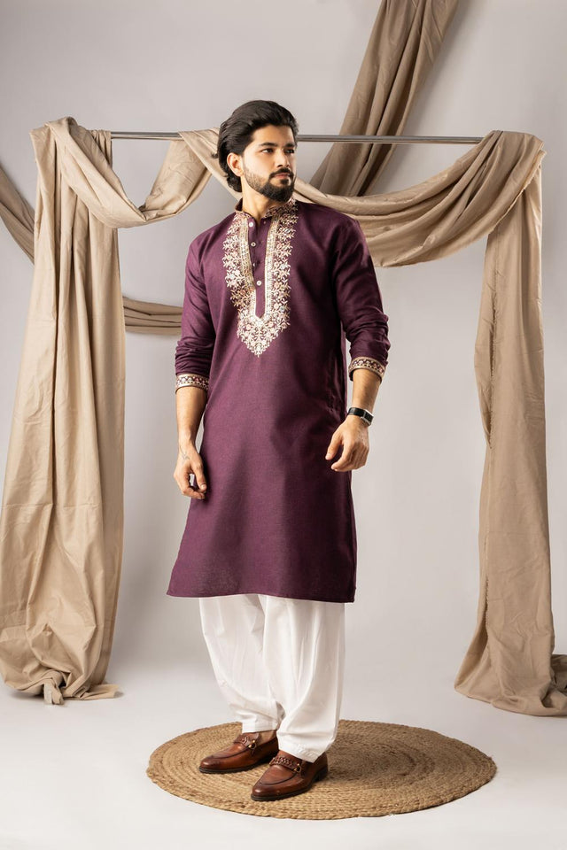 Men's  Wine Floral Embroidered Linen Kurta Set (ACA5618)