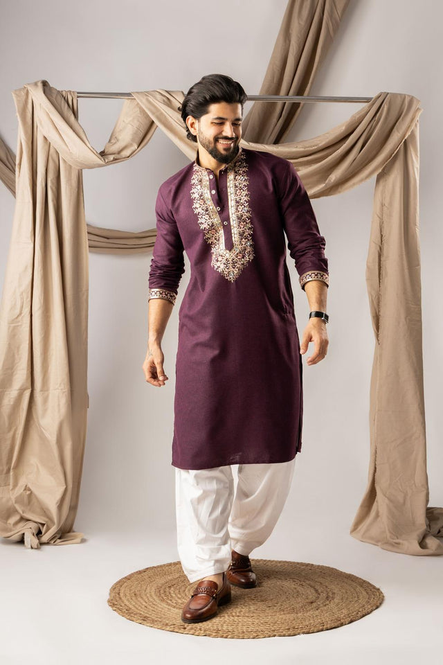 Men's  Wine Floral Embroidered Linen Kurta Set (ACA5618)