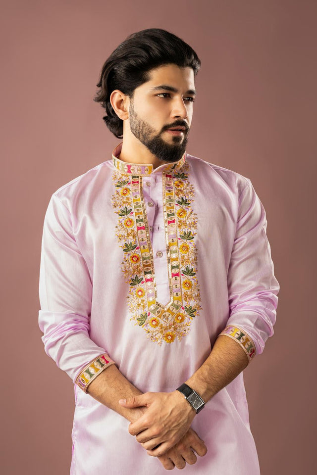 Men's  Baby Pink Floral Embroidered Linen Kurta Set (ACA5619)