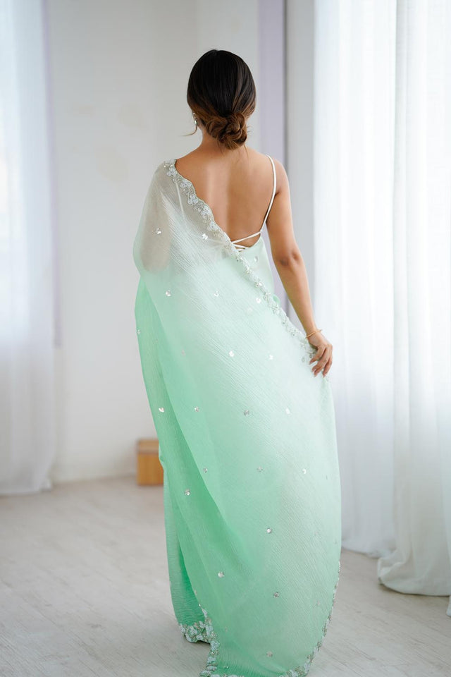 Sea Green Sequin with Embroidered Chiffon Saree (ACA5620)