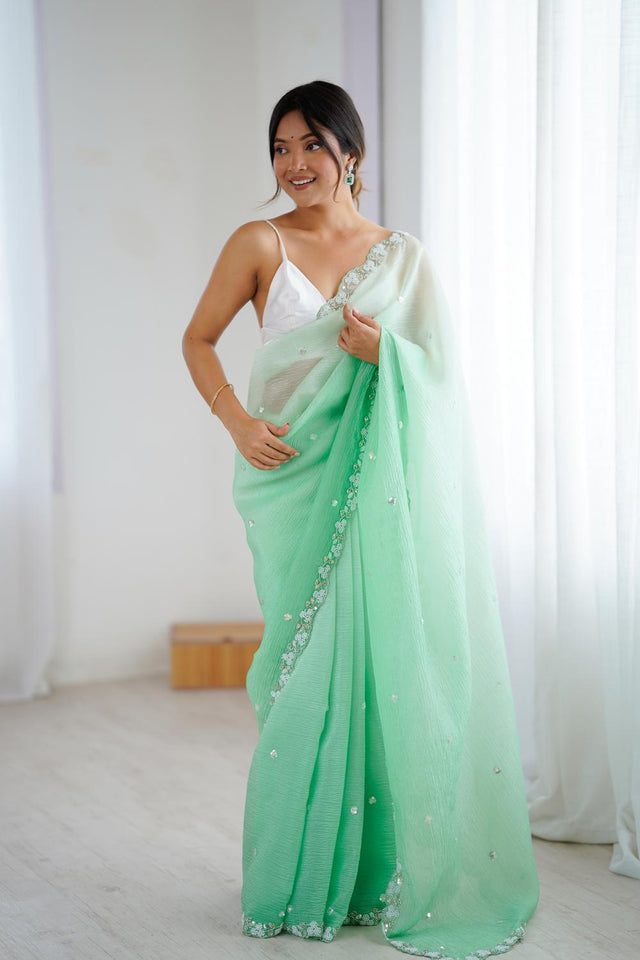 Sea Green Sequin with Embroidered Chiffon Saree (ACA5620)