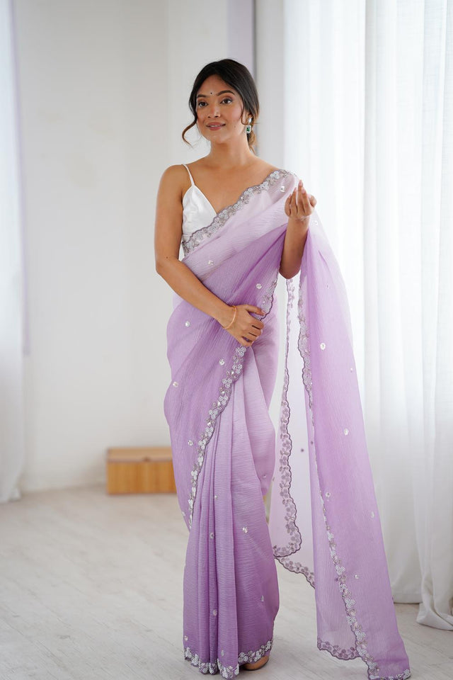 Lavender Sequin with Embroidered Chiffon Saree (ACA5621)