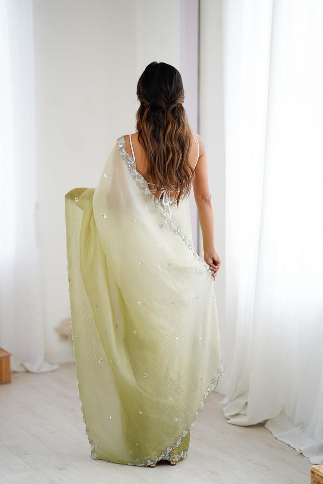 Green Sequin with Embroidered Chiffon Saree (ACA5622)