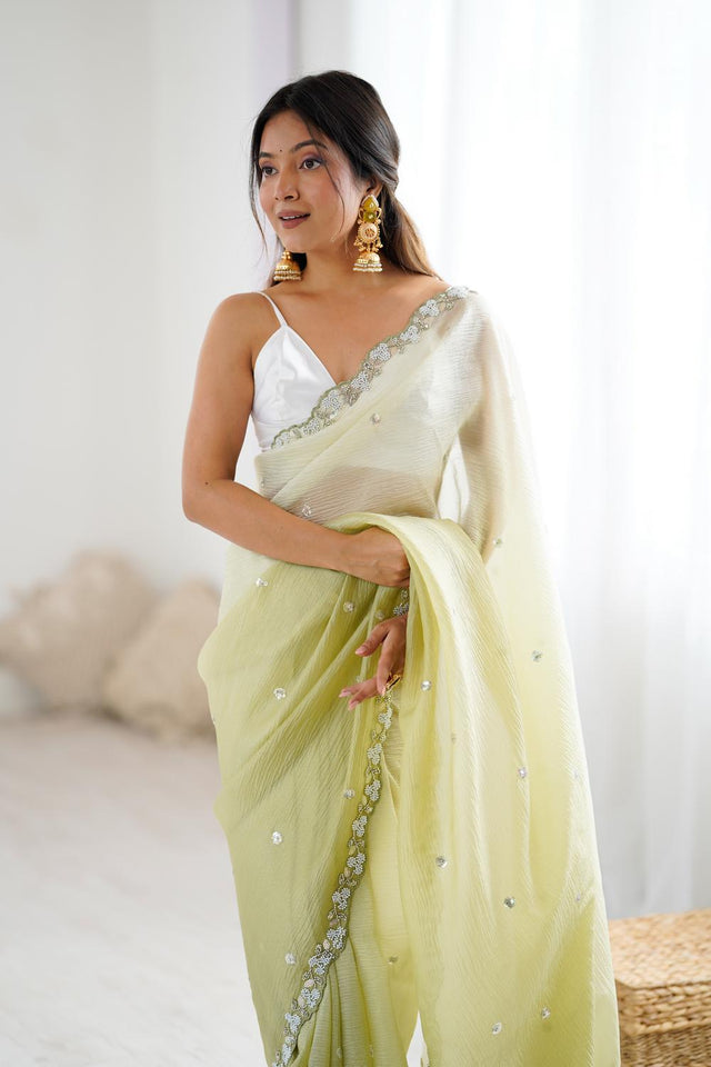 Green Sequin with Embroidered Chiffon Saree (ACA5622)