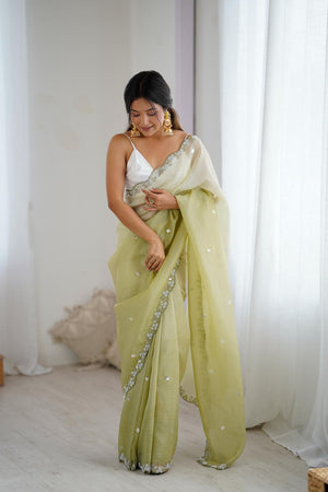 Green Sequin with Embroidered Chiffon Saree (ACA5622)