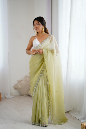 Green Sequin with Embroidered Chiffon Saree (ACA5622)