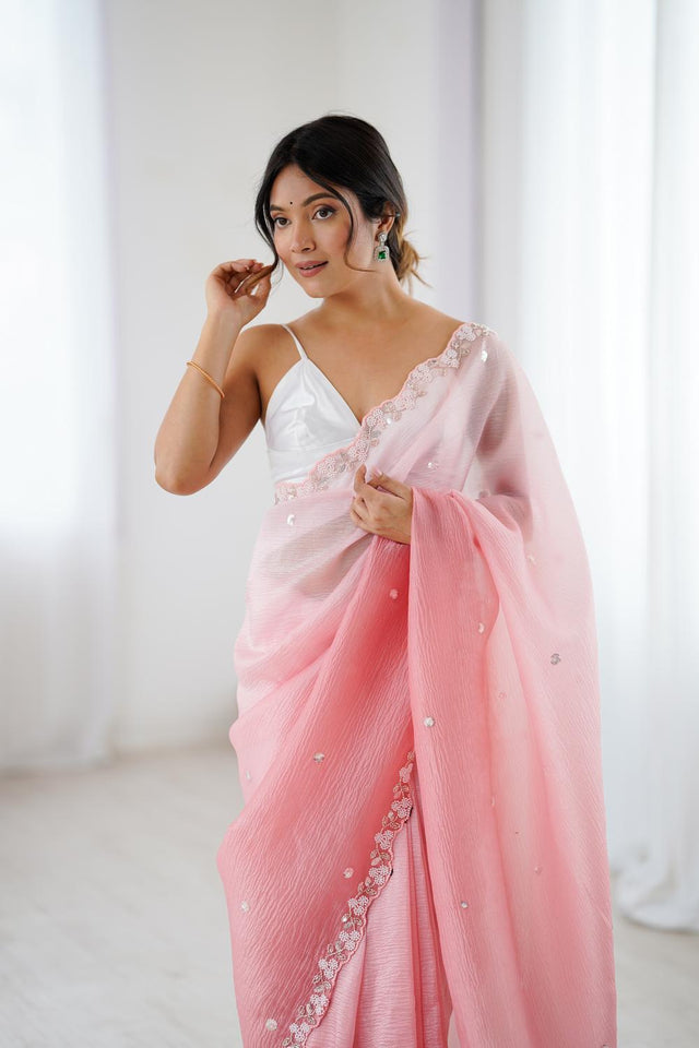 Pink Sequin with Embroidered Chiffon Saree (ACA5623)
