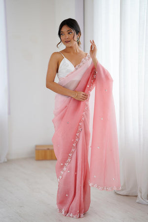 Pink Sequin with Embroidered Chiffon Saree (ACA5623)