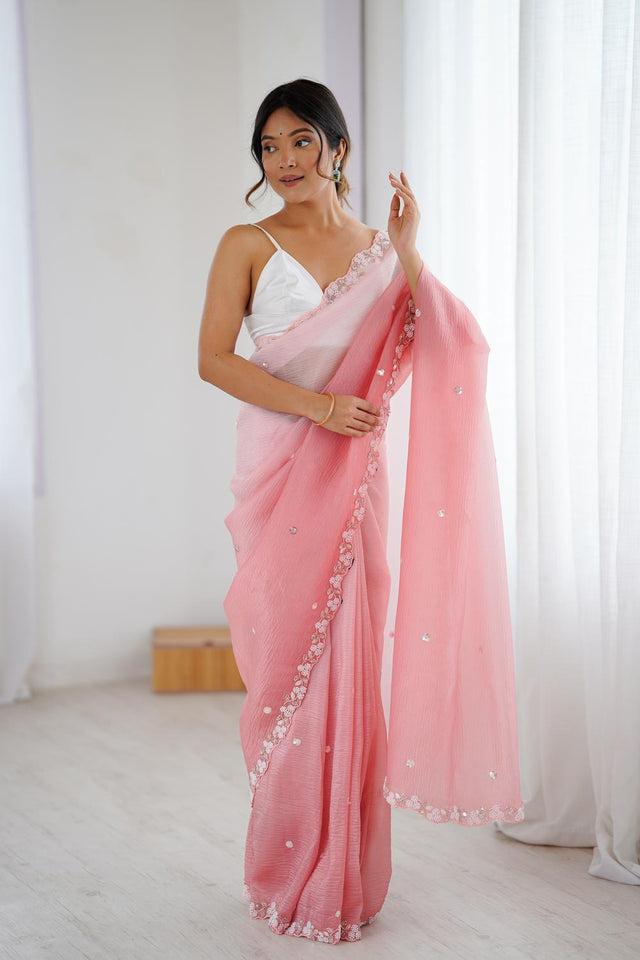 Pink Sequin with Embroidered Chiffon Saree (ACA5623)