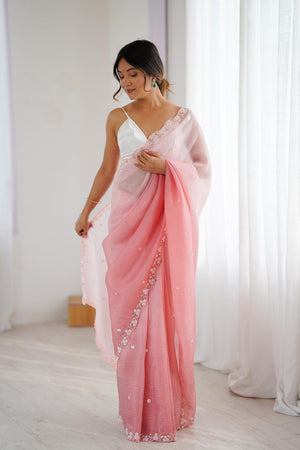 Pink Sequin with Embroidered Chiffon Saree (ACA5623)