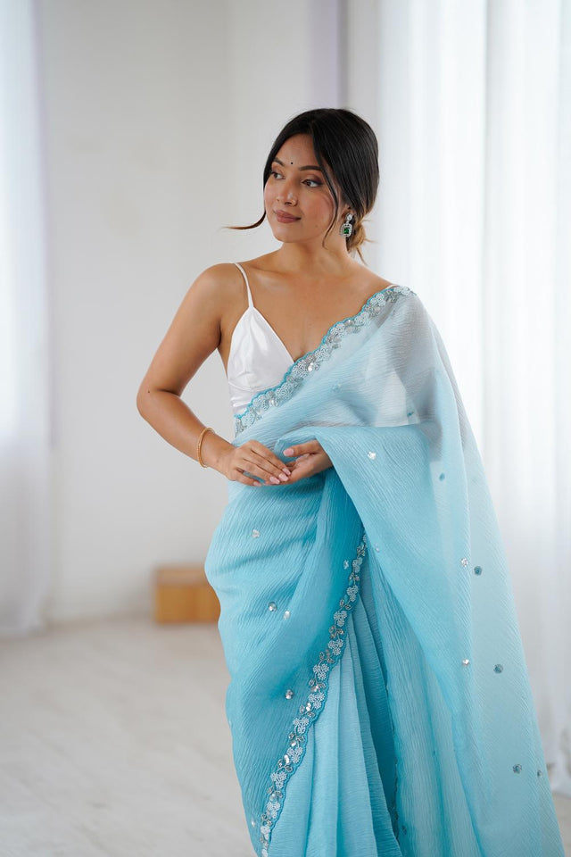 Blue Sequin with Embroidered Chiffon Saree (ACA5624)