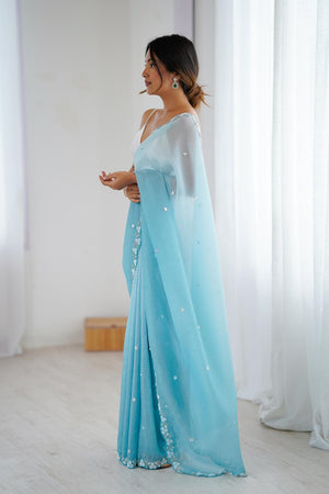 Blue Sequin with Embroidered Chiffon Saree (ACA5624)