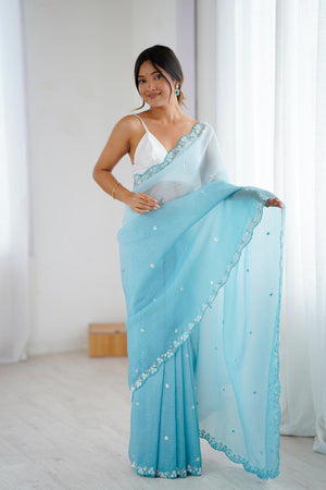 Blue Sequin with Embroidered Chiffon Saree (ACA5624)