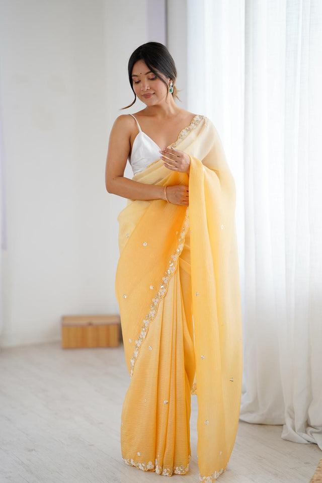 Mustard Sequin with Embroidered Chiffon Saree (ACA5625)