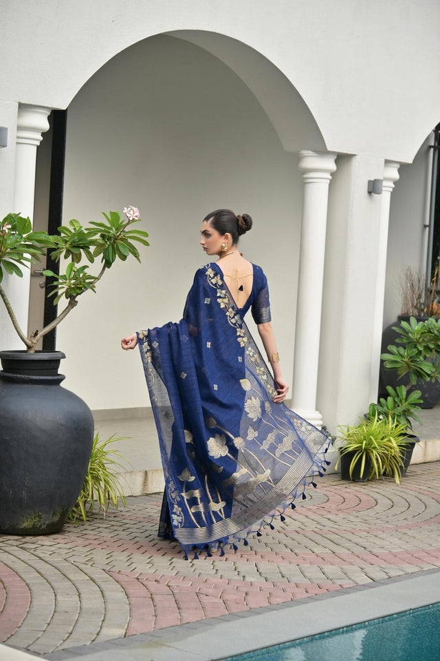 Blue Zari Woven Linen Saree (ACA5632)