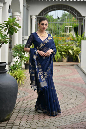 Blue Zari Woven Linen Saree (ACA5632)
