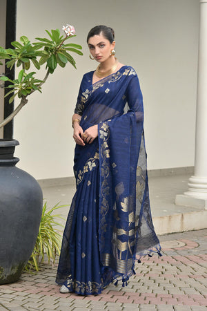 Blue Zari Woven Linen Saree (ACA5632)