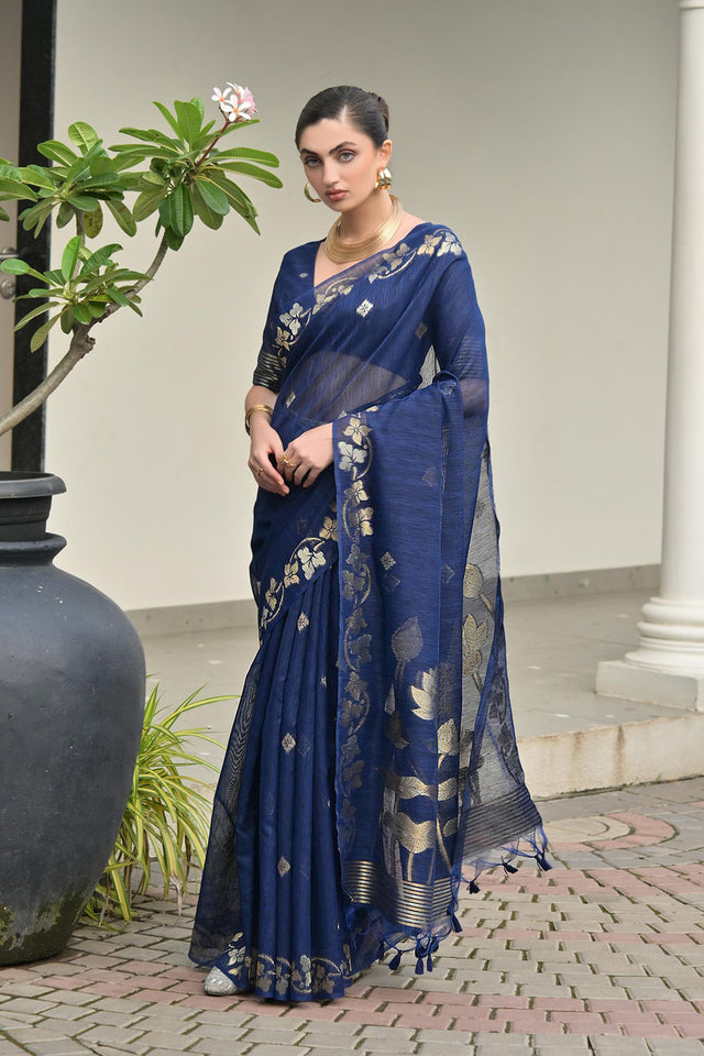 Blue Zari Woven Linen Saree (ACA5632)