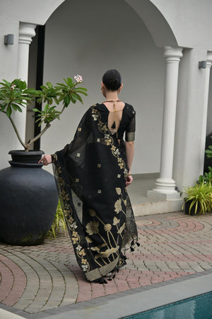 Black Zari Woven Linen Saree (ACA5633)