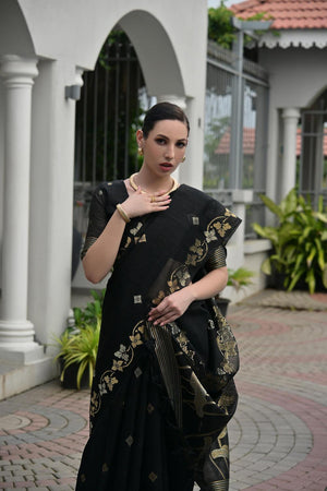 Black Zari Woven Linen Saree (ACA5633)