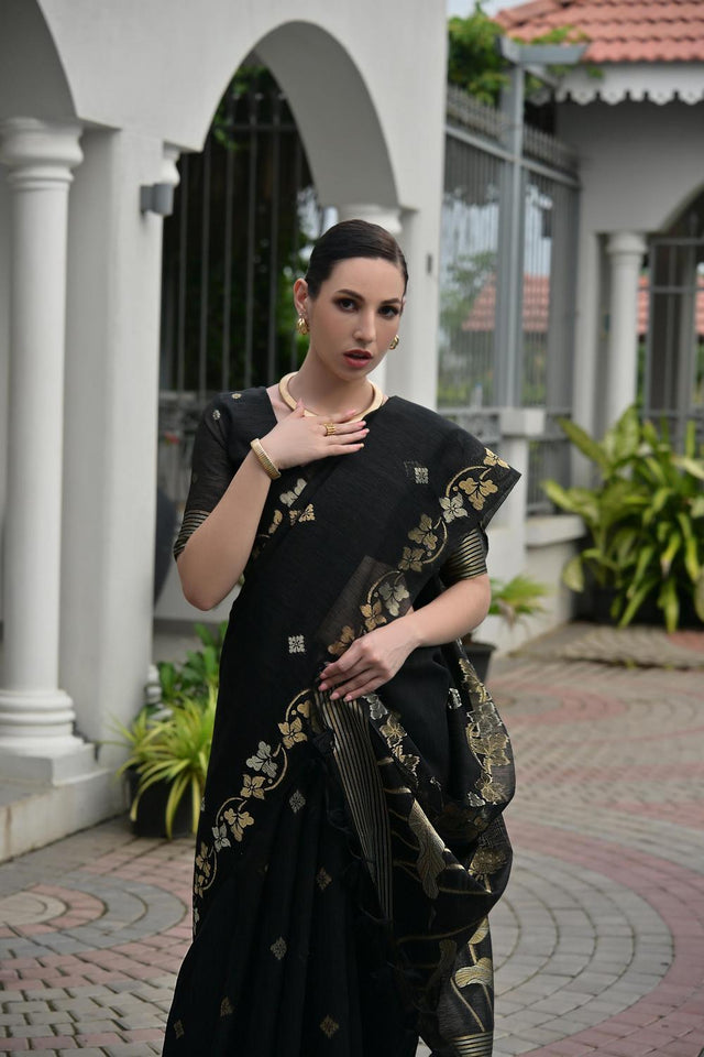 Black Zari Woven Linen Saree (ACA5633)