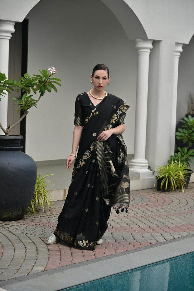 Black Zari Woven Linen Saree (ACA5633)
