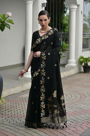 Black Zari Woven Linen Saree (ACA5633)