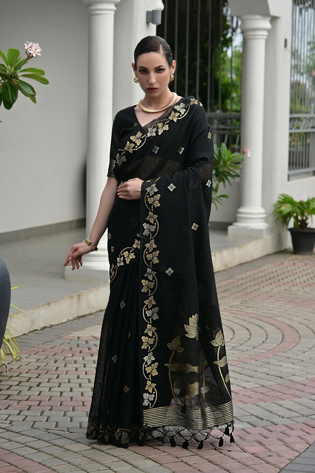 Black Zari Woven Linen Saree (ACA5633)