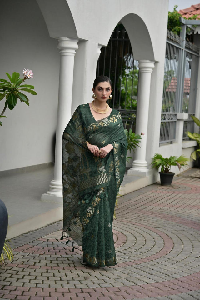 Green Zari Woven Linen Saree (ACA5634)