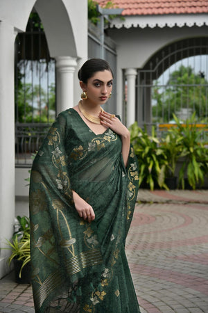 Green Zari Woven Linen Saree (ACA5634)