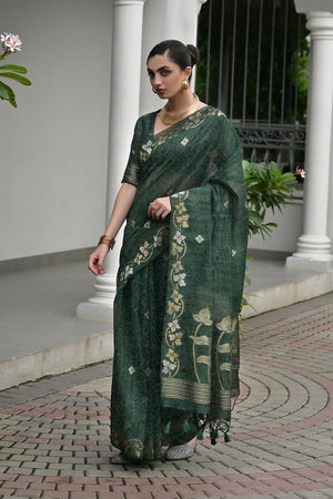 Green Zari Woven Linen Saree (ACA5634)