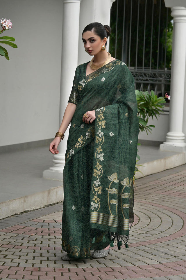 Green Zari Woven Linen Saree (ACA5634)