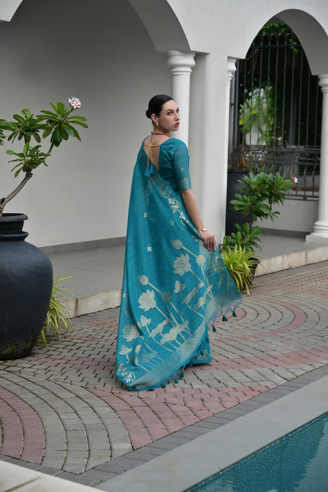 Turquoise Zari Woven Linen Saree (ACA5635)