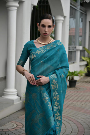 Turquoise Zari Woven Linen Saree (ACA5635)