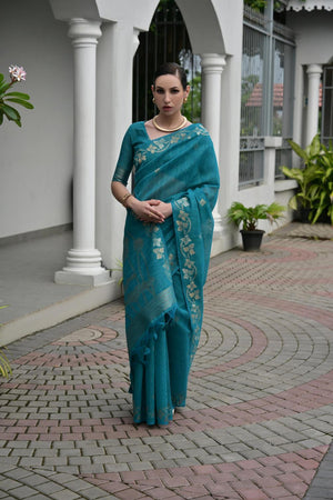 Turquoise Zari Woven Linen Saree (ACA5635)