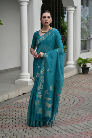 Turquoise Zari Woven Linen Saree (ACA5635)