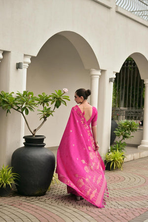 Pink Zari Woven Linen Saree (ACA5636)