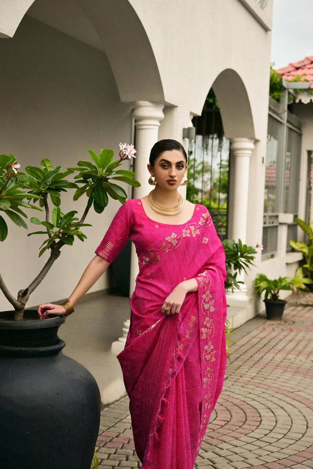 Pink Zari Woven Linen Saree (ACA5636)