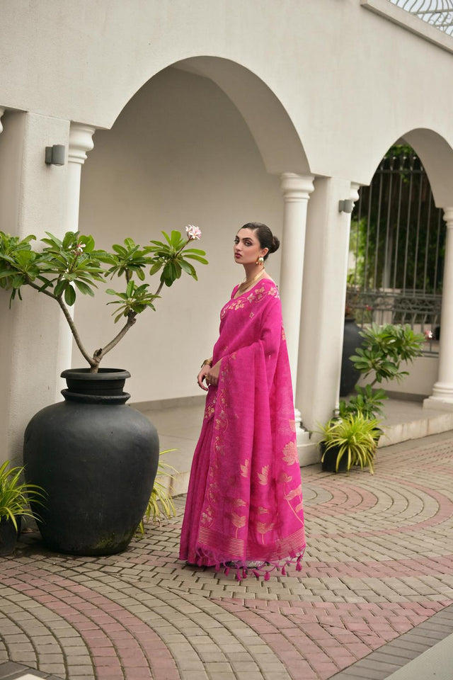 Pink Zari Woven Linen Saree (ACA5636)