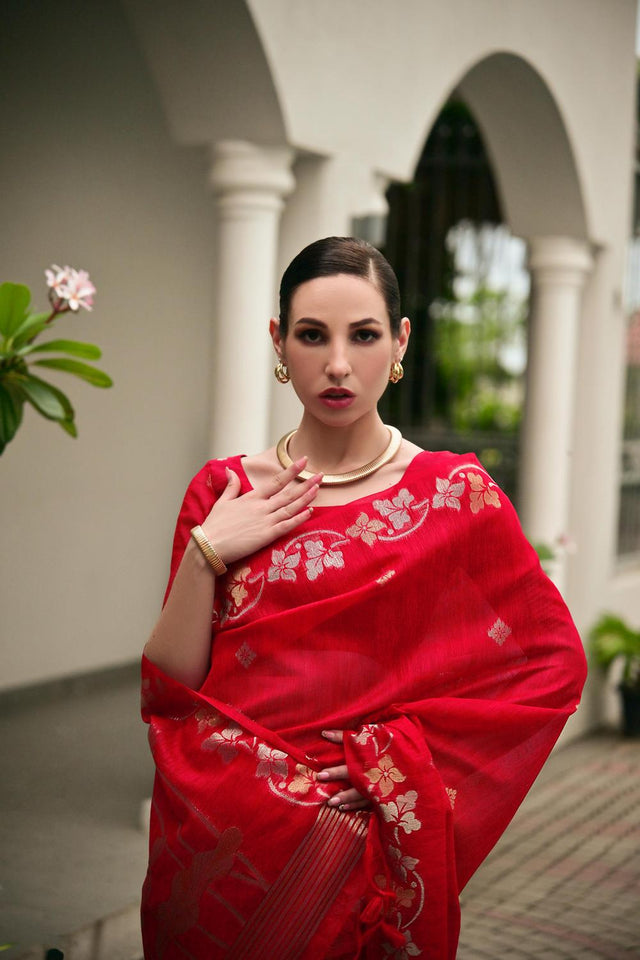 Red Zari Woven Linen Saree (ACA5637)