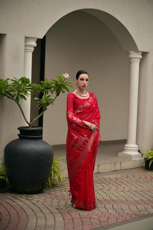 Red Zari Woven Linen Saree (ACA5637)