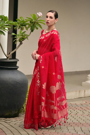 Red Zari Woven Linen Saree (ACA5637)