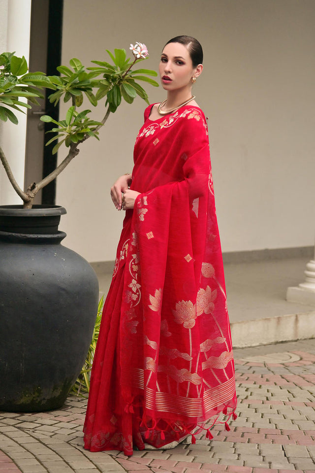 Red Zari Woven Linen Saree (ACA5637)