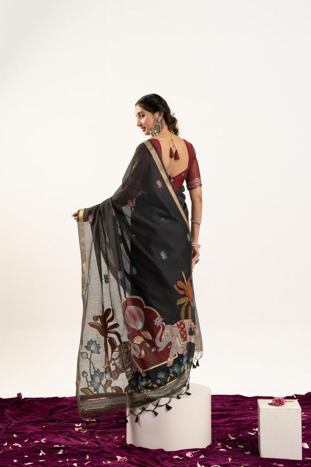 Black Woven Cotton Saree (ACA5638)