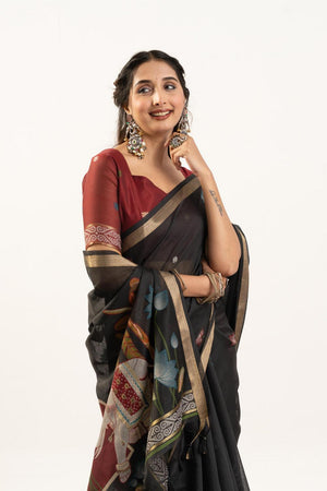 Black Woven Cotton Saree (ACA5638)