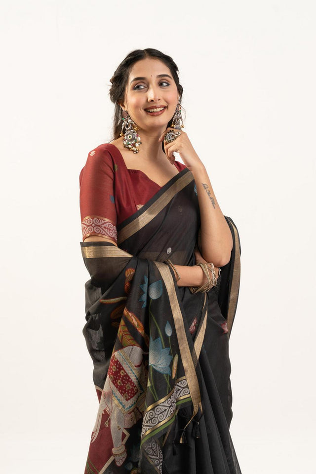 Black Woven Cotton Saree (ACA5638)