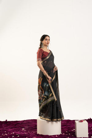 Black Woven Cotton Saree (ACA5638)