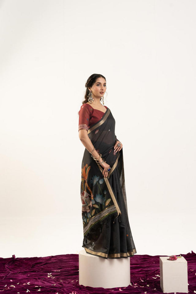 Black Woven Cotton Saree (ACA5638)