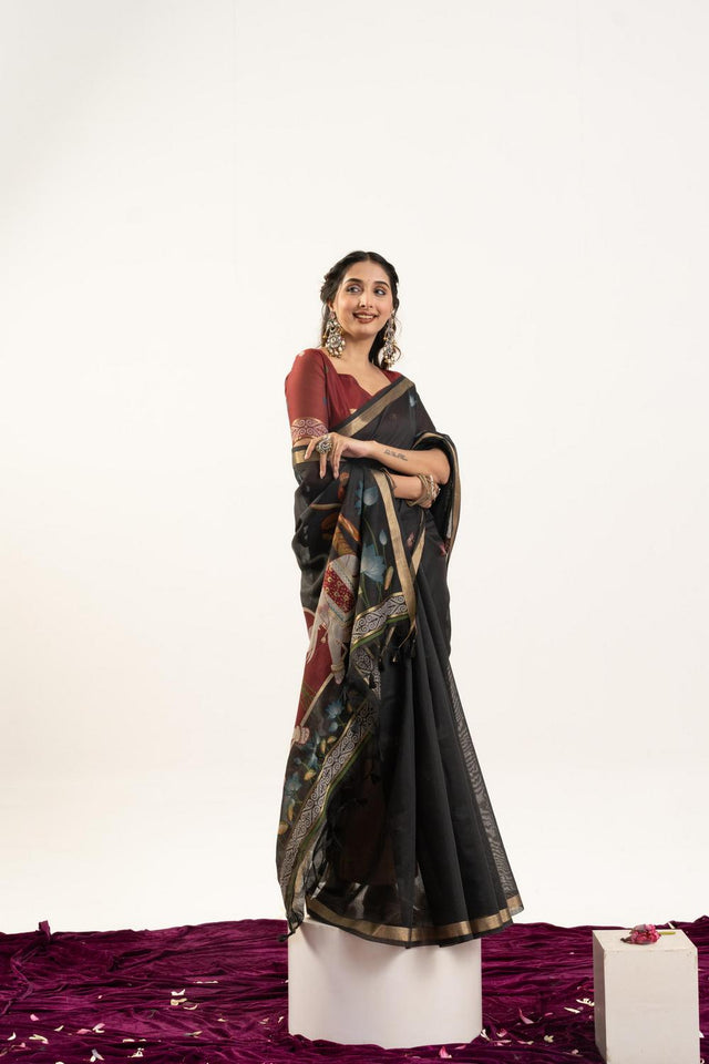 Black Woven Cotton Saree (ACA5638)