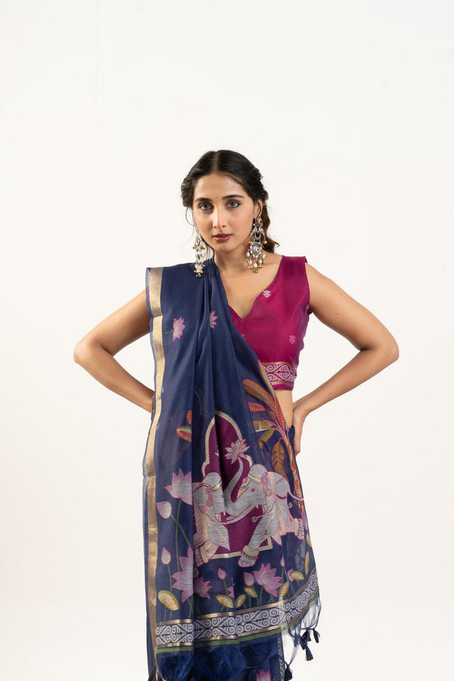Blue Woven Cotton Saree (ACA5639)